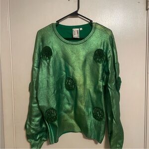 Queen of Sparkles Shiny Green Sweater with Fringe Accents